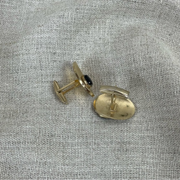 Vintage PAT PEND signed Gold Tone with Black Stone Cufflinks - Picture 3 of 5
